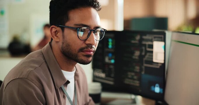 Glasses, computer and programming with business man for cybersecurity, firewall code and research. Software engineering, it encryption and cloud data systems with person in office for tech agency