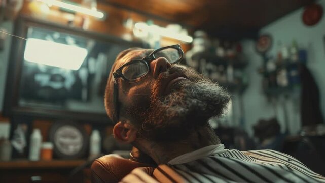 Man relaxes in barber chair. Glasses rest on his nose. Beard frames his peaceful face. Barber shop shelves line the background. Warm light casts soft shadows. Stillness captures his calm demeanor