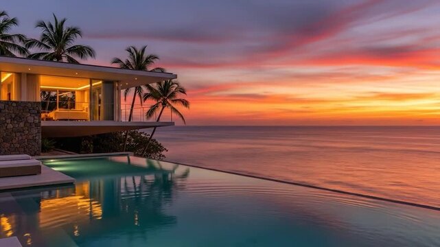 Luxurious Tropical Villa with Infinity Pool and Palm Trees Against a Beautiful Ocean Sunset