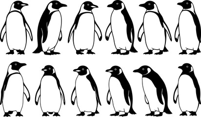 A group of penguin silhouette illustrations standing in two rows © Vecto_Pixels