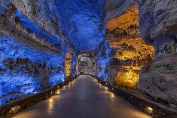 Fototapeta premium Underground salt cave path guiding forward with warm and cool lights on textured walls