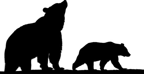Silhouette of a howling wolf and a walking bear cub against a white background © Vecto_Pixels