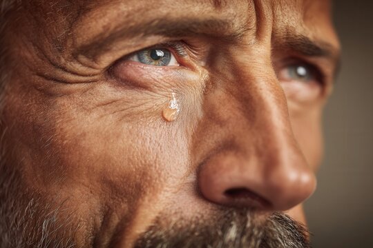 Senior man with a tear forming on his face, showing deep emotion and pain