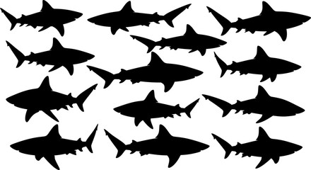 Collection of shark silhouettes on white background