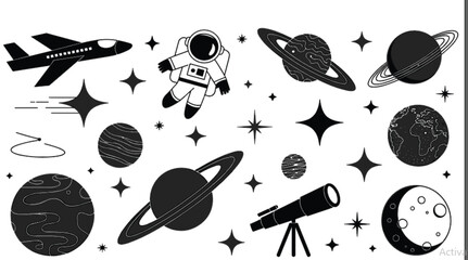 Space exploration vector collection featuring astronaut character planets with rings telescope stars rocket ship and moon phases isolated on white © SUMAIYA