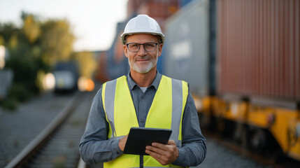 Fototapeta premium Medium shot of a professional man in safety vest and helmet, reviewing a tablet while standing between rows of cargo containers, railway tracks stretching into the distance, golden