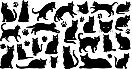 Collection of various cat silhouettes in different poses and sizes featuring feline shapes and paw prints on a white background silhouette © Vecto_Pixels