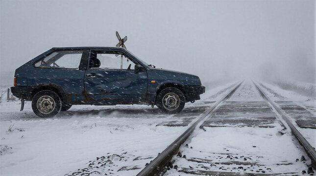 Wrecked vehicle on a snowy railroad crossing. Damaged car stuck on train tracks in winter blizzard, concept for a dangerous accident.