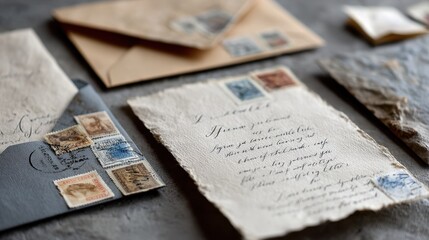 Naklejka premium Vintage Letter & Stamps: An evocative composition of a handwritten letter, adorned with antique stamps and envelopes, speaks of cherished correspondence, history, and the art of communication.