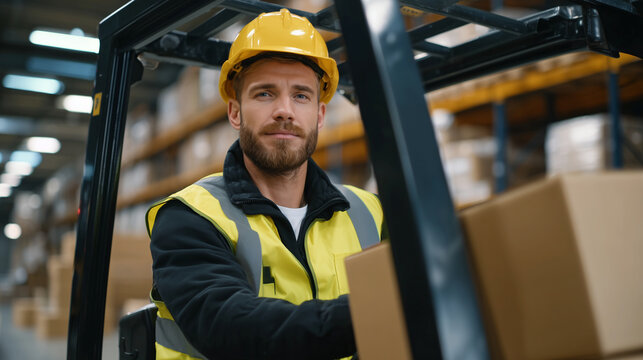 Medium shot of a forklift operator lifting cardboard boxes, concentrated expression on face, safety vest and hard hat illuminated by warehouse lighting, rows of pallets and contain