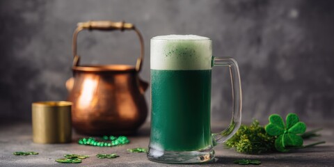 Mug of green beer with frothy head on gray table, surrounded by shamrocks and beads, with a copper pot in the background for St. Patrick&acirc;&euro;&trade;s Day.