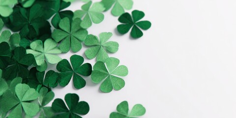 Obraz premium Green paper shamrocks scattered on a white background with copy space, symbolizing St. Patrickâ€™s Day, luck and Irish celebration.