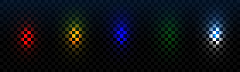 Fototapeta premium Colorful pixelated lights in red yellow blue green and white shining on a transparent background abstract pattern Vector