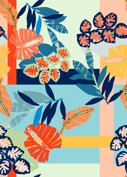 Tropical seamless pattern. Watercolor colorful leaves orchid. Rose and dots pattern. geometric leaves.