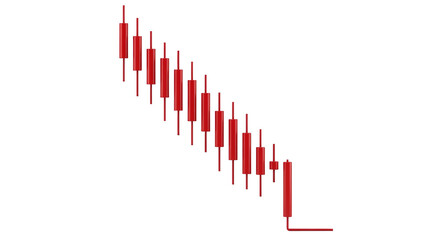 Series of red candlestick charts illustrating a continuous downward trend in stock prices, showing a market decline