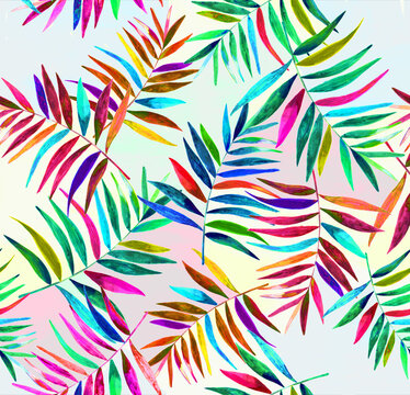 Tropical seamless pattern. Watercolor colorful leaves orchid. Rose and dots pattern. geometric leaves.