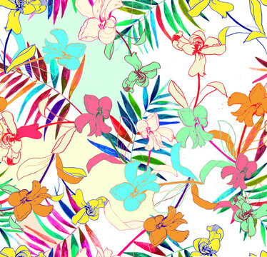 Tropical seamless pattern. Watercolor colorful leaves orchid. Rose and dots pattern. geometric leaves.