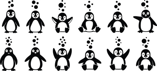 Cute penguin character silhouettes set, happy arctic animal icons with bubbles, funny flightless bird stickers collection, isolated black penguin vectors. © Shahadot Creatives