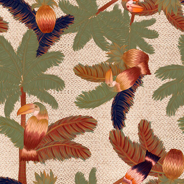 Tropical Seamles Pattern. Toucan and macaw tropical pattern. Foliage, palms, pineapple and arara. Monstera leaf with birds