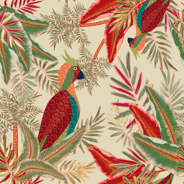 Tropical Seamles Pattern. Toucan and macaw tropical pattern. Foliage, palms, pineapple and arara. Monstera leaf with birds