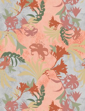 Seamless Pattern floral foliage hand drawing with textura and abstract shapes, watercolor lilly, background animal print