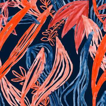 Seamless watercolor Pattern. Foliage watercolor. Abstract Foliage. Leaves and geometric abstract pattern