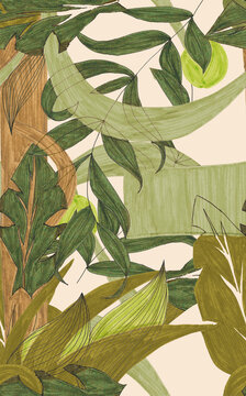 Seamless watercolor Pattern. Foliage watercolor. Abstract Foliage. Leaves and geometric abstract pattern