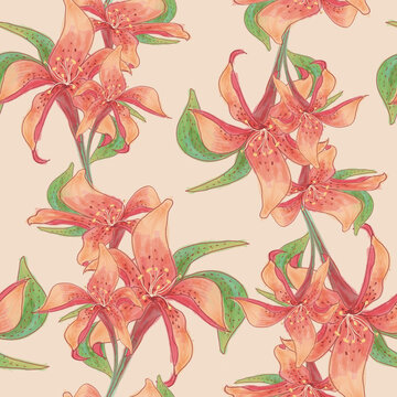 Seamless Pattern floral foliage hand drawing with textura and abstract shapes, watercolor lilly, background animal print