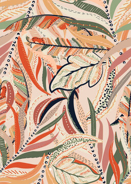 Seamless Pattern floral foliage hand drawing with textura and abstract shapes, watercolor lilly, background animal print