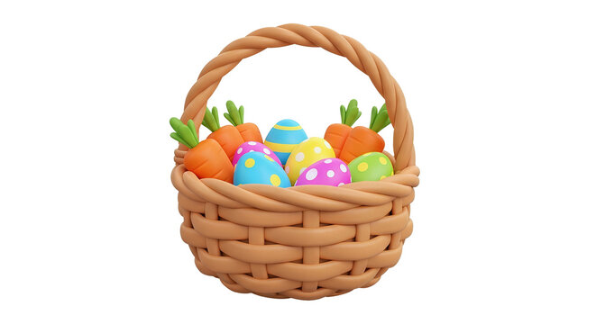 A woven basket filled with colorful decorated Easter eggs on transparent background