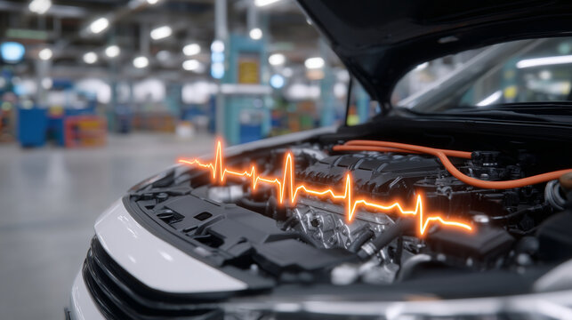 Close-up of a modern car engine with focus on hybrid motor components, orange high-voltage cables running neatly across, metallic textures gleaming under garage lights, clean compo