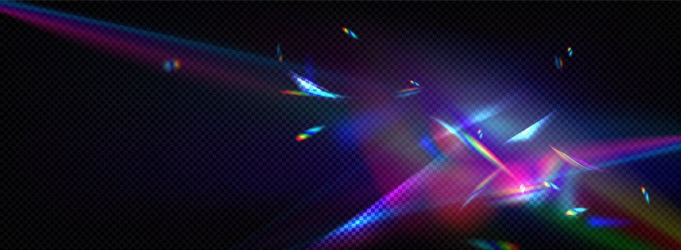 Realistic rainbow prismatic light effect on dark transparent background. Colored lens flare and light refraction effect.