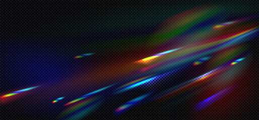 Realistic rainbow prismatic light effect on dark transparent background. Colored lens flare and light refraction effect.
