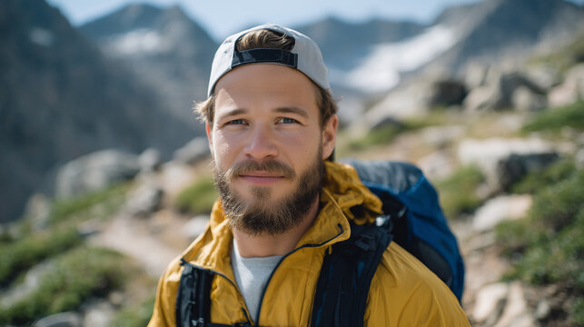 Close-up of the hiker&acirc;s face lit by sunlight, smiling while adjusting his backpack, rocky mountain trail and distant peaks softly blurred in background, cinematic active lifestyle