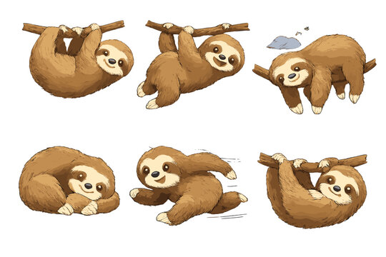 Sloths hanging from branches and moving around in a fun and playful