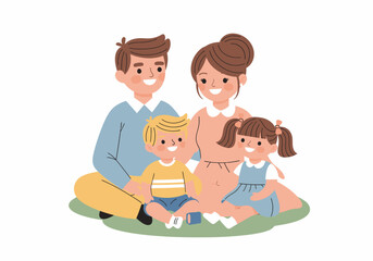 Happy Family with Children Sitting Together.