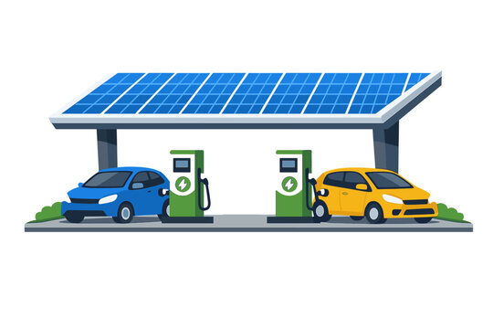 Electric car charging station with solar panels and two cars in a