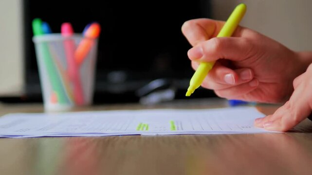 Highlighting Text on Document with Yellow Marker &mdash; Slow Motion Close-Up Study