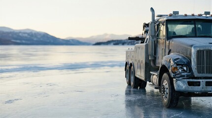 Damaged tow truck on ice road. Winter accident scene for transportation safety and emergency service concept. High fidelity photo.