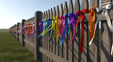 Colorful peace ribbons tied on wooden fence in sunlight, symbol of unity and solidarity, International Day of Peace concept, hope, diversity and global harmony