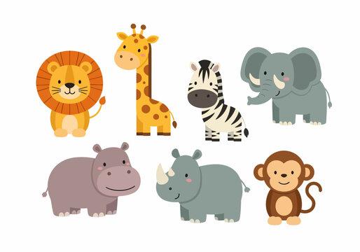 Cartoon Lion Giraffe Zebra Elephant Hippopotamus Rhinoceros Monkey.