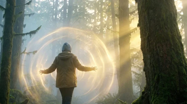 Radiating Glowing Energy Rings in a Sunlit Misty Forest