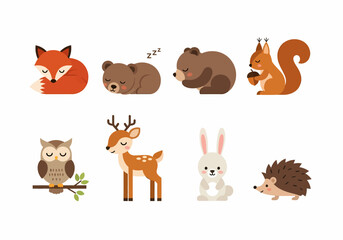 Obraz premium Collection of Cartoon Forest Animals Sleeping.