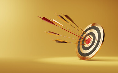 Naklejka premium Multiple arrows hit the bullseye of a target on a yellow background.Concept for business success, goals, accuracy, and leadership. 