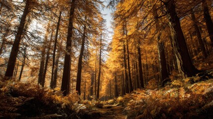 Fototapeta premium Golden autumn forest path sunlight illuminating trees