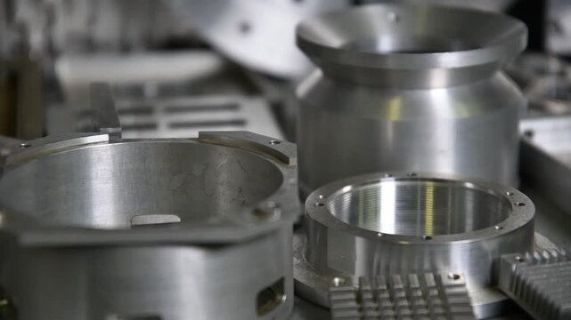 Metal products after milling. Industrial steel billets. Manufacture of iron parts at the factory.