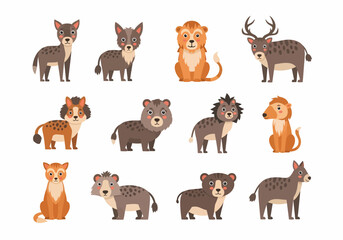 Fototapeta premium Collection of Various Cartoon Wild Animals.