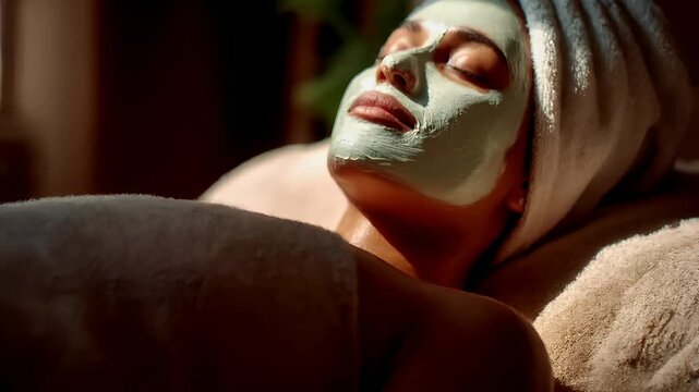 Therapy stress release treatment, health lifestyle. A woman lying down with a white facial mask on her face and a white towel wrapped around her head. The background is blurred, emphasizing the woman.