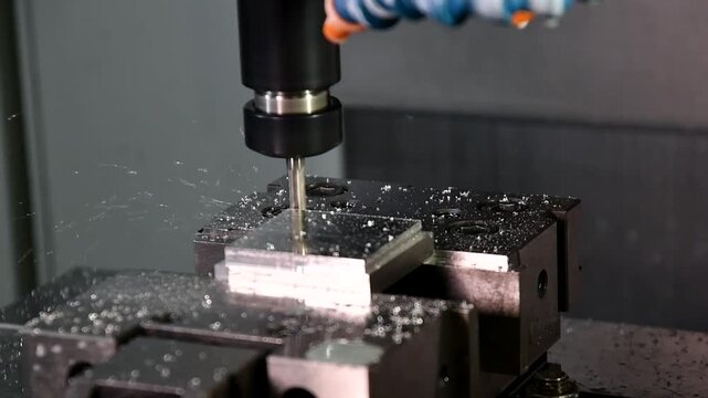 The process is metal milling. Mechanical processing by cutting planes, grooves, and heads. Milling of the workpiece on the machine.