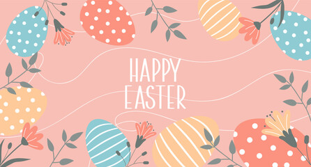 Happy Easter banner with decorated eggs and floral decorations. Minimalist festive design for spring holiday. Cute greeting card. © Tatiana